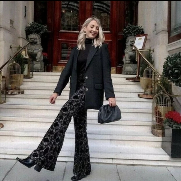 Zara Black Silver Glitter Velvet Trousers Flared Size Med Ref‎ 4786 283 - Picture 1 of 8